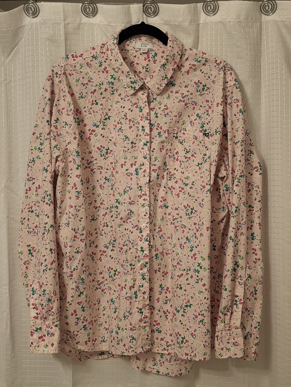crown & ivy Pink Floral Print Button Shirt with Green & Blue Accents